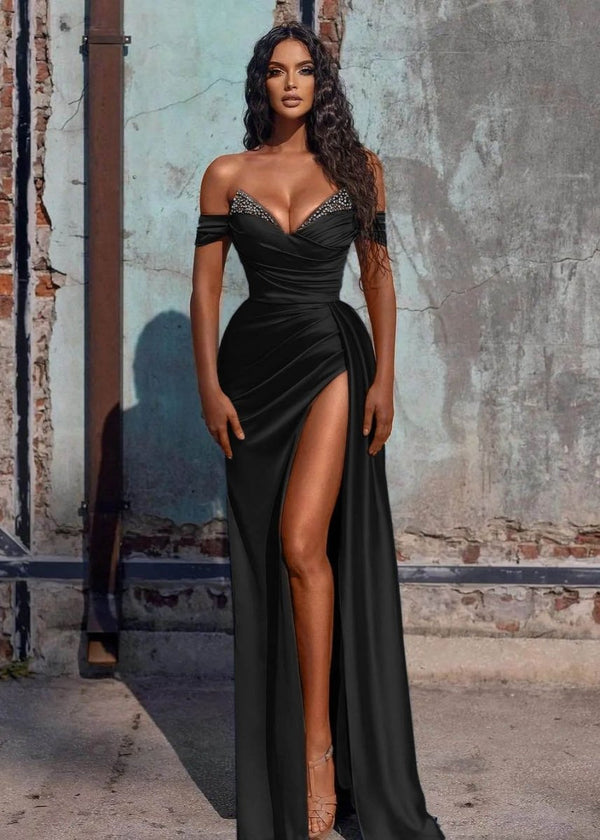 KissProm-Adelaide Black Mermaid Satin Long Prom Dress With Slit