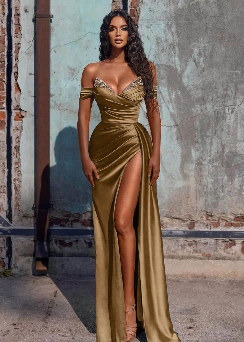 Adelaide Dusty Blue Mermaid Satin Off the Shoulder Long Prom Dress with Slit, Gold / UK 14 Adelaide Dusty Blue Mermaid Satin Off the Shoulder Long Prom Dress with Slit, Gold / UK 14