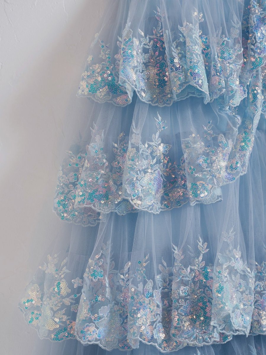 Capri | Blue Crystal Sequins Princess A Line Off the Shoulder Prom Dress with Lace Ruffles - KissProm