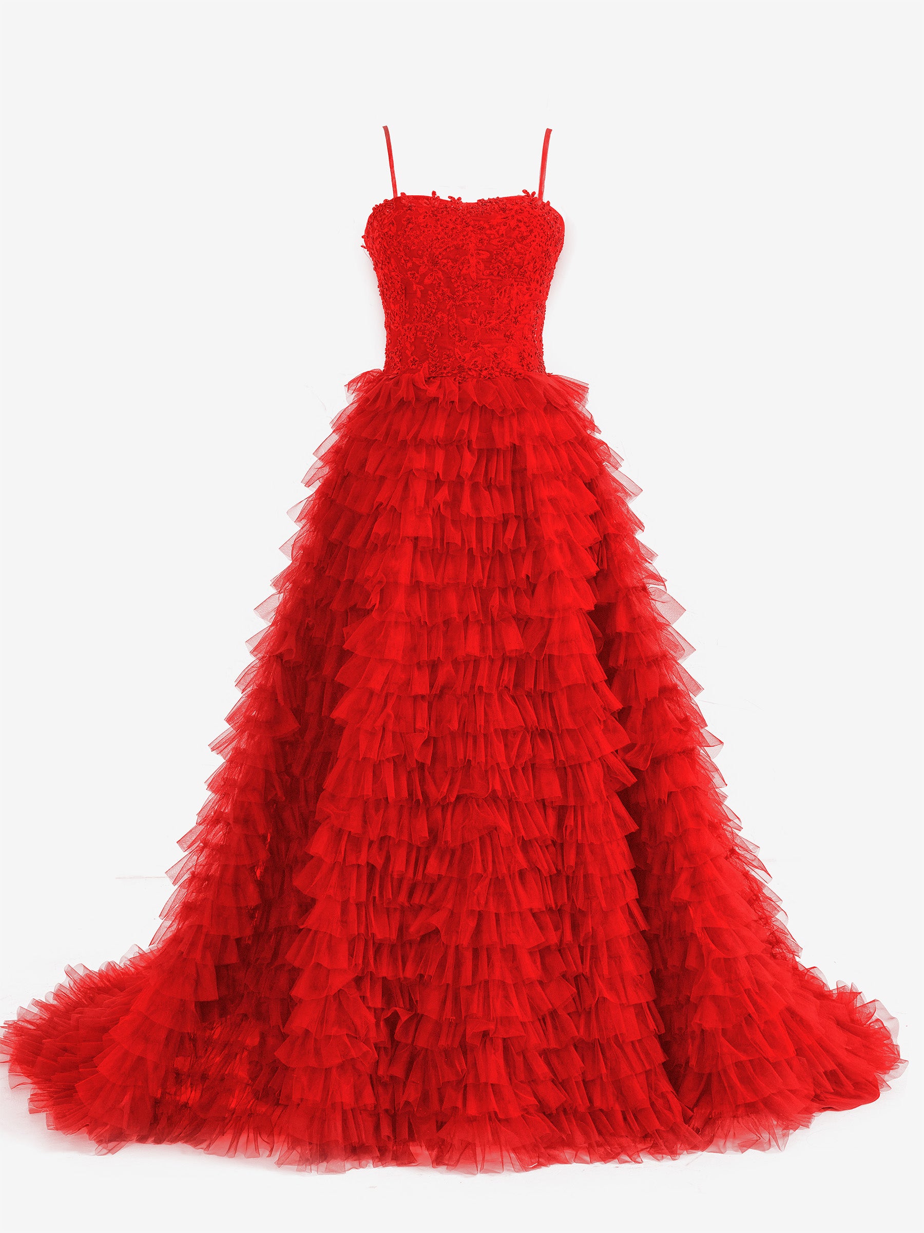 Jordan | Red A-Line Tiered Sequins Tulle Long Prom Dress