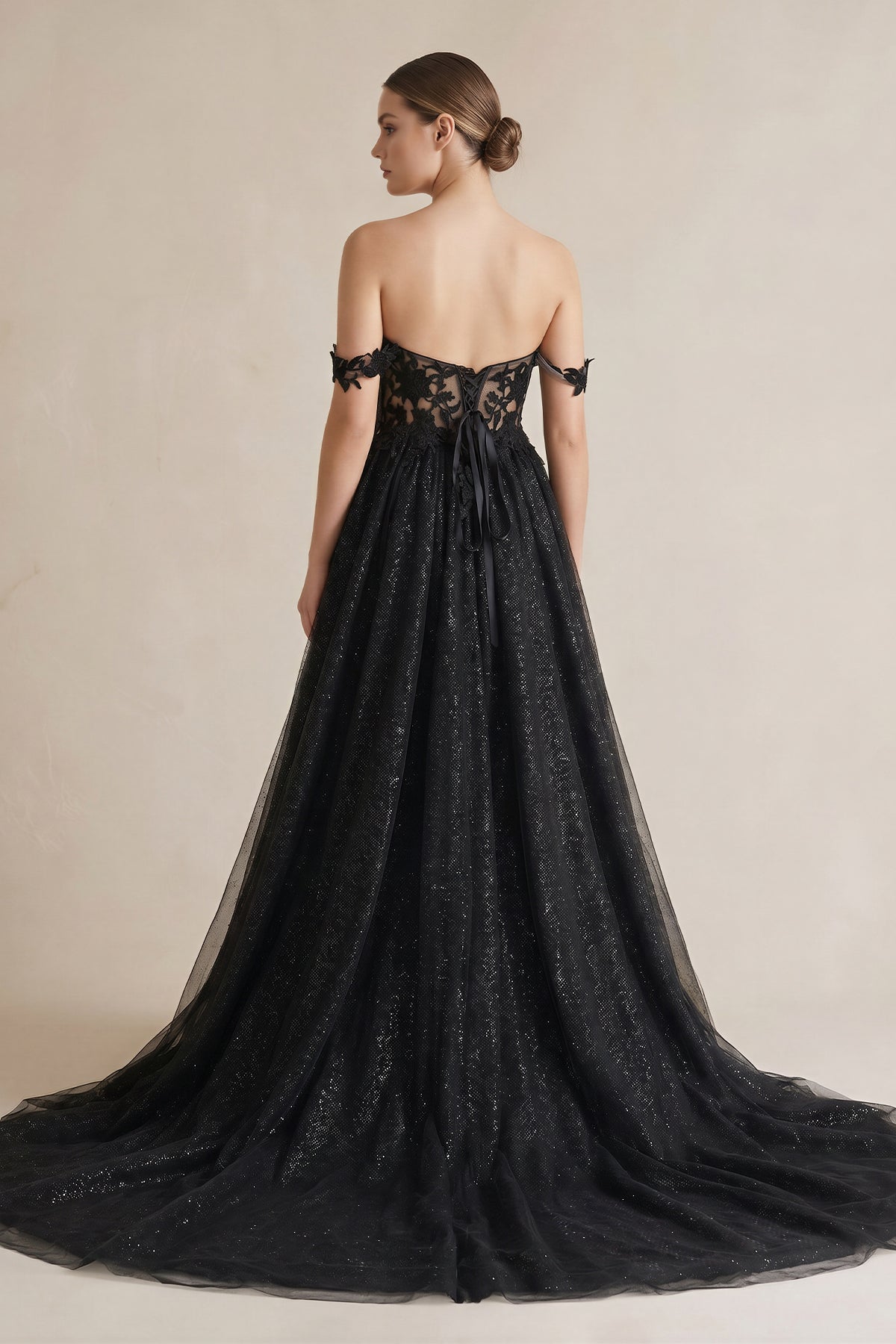 KissProm A-Line Black Gothic Wedding Dresses with Sequin Lace Appliques, Black / 12