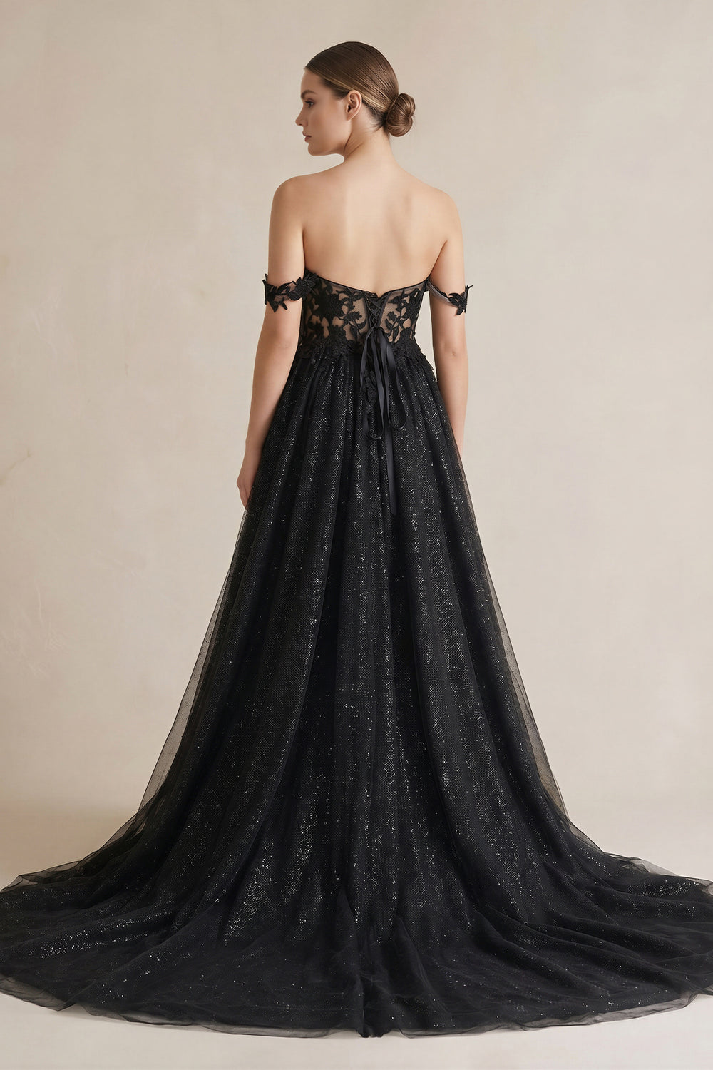 A-Line Black Gothic Wedding Dresses with Sequin Lace Appliques