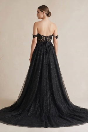 A-Line Black Gothic Wedding Dresses with Sequin Lace Appliques