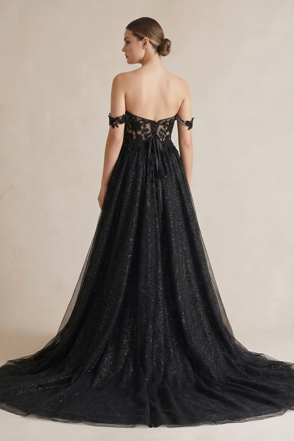 A-Line Black Gothic Wedding Dresses with Sequin Lace Appliques