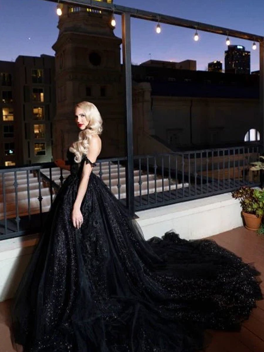 black sparkly wedding dress AVANTIKA / Black Wedding Dress with Nude Lining and Long Sleeves main image 1