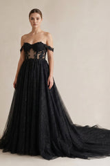 A-Line Black Gothic Wedding Dresses with Sequin Lace Appliques