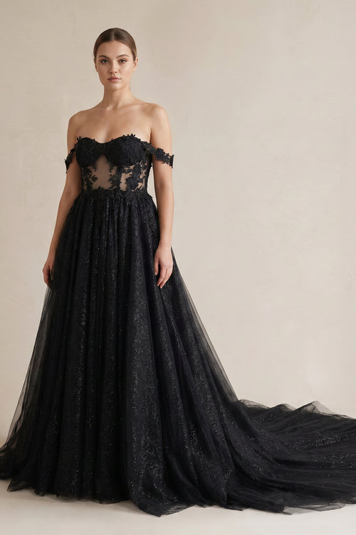 A-Line Black Gothic Wedding Dresses with Sequin Lace Appliques