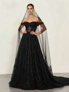 A - Line Black Gothic Wedding Dresses with Sequin Lace Appliques - KissProm