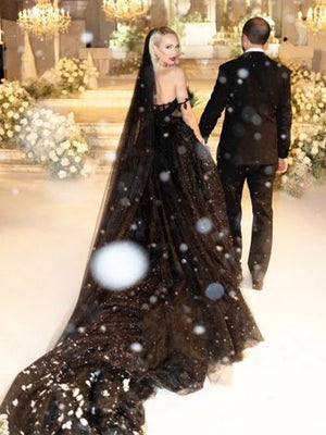 A - Line Black Gothic Wedding Dresses with Sequin Lace Appliques - KissProm