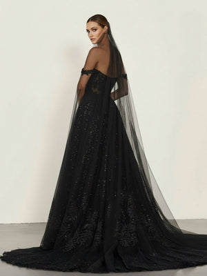 A - Line Black Gothic Wedding Dresses with Sequin Lace Appliques - KissProm