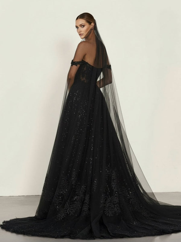 A - Line Black Gothic Wedding Dresses with Sequin Lace Appliques - KissProm