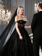A - Line Black Gothic Wedding Dresses with Sequin Lace Appliques - KissProm