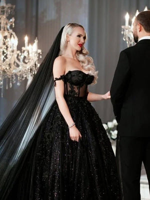 A - Line Black Gothic Wedding Dresses with Sequin Lace Appliques - KissProm