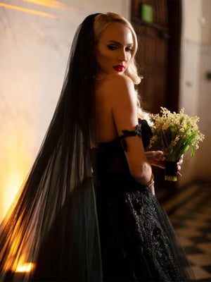 A - Line Black Gothic Wedding Dresses with Sequin Lace Appliques - KissProm