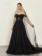 A - Line Black Gothic Wedding Dresses with Sequin Lace Appliques - KissProm