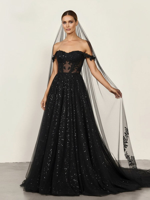 A - Line Black Gothic Wedding Dresses with Sequin Lace Appliques - KissProm
