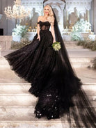 A - Line Black Gothic Wedding Dresses with Sequin Lace Appliques - KissProm