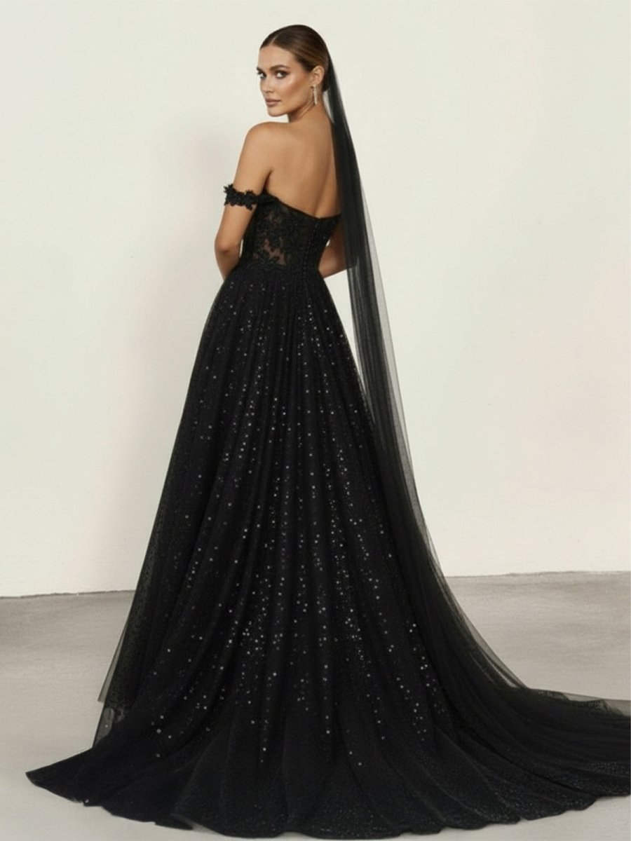 black dresses gothic A-Line Black Gothic Wedding Dresses with Sequin Lace Appliques Black / 12