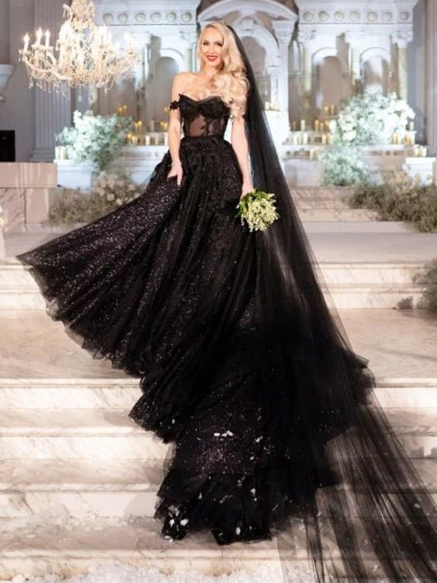 black sequin dress for wedding Ethereal Gothic Dress: Bridal Dress, Off-Shoulder V-Neck Gown with Lace-Up Back, Floor Length a Vintage Bride The structured bodice enhances the waistline KissProm A-Line Black Gothic Wedding