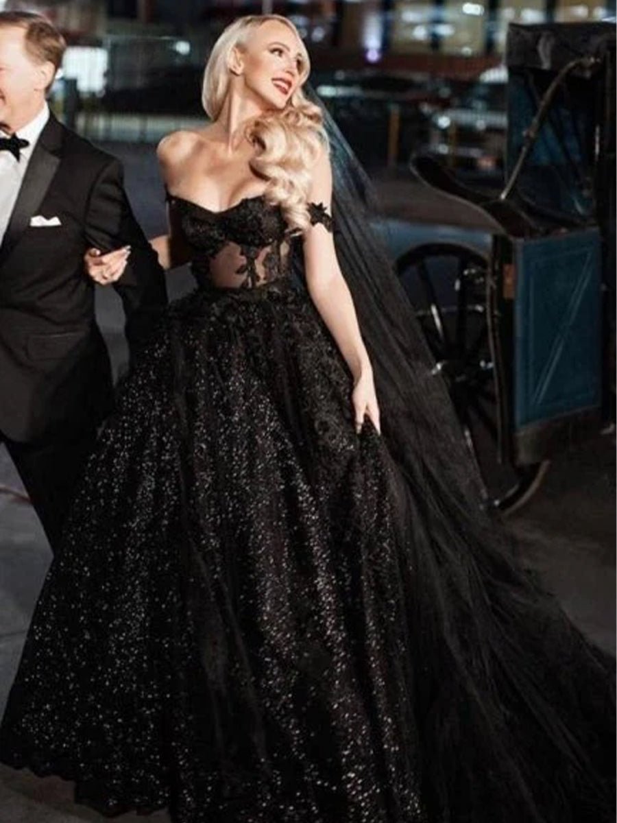 black sparkly wedding dress A-Line Black Gothic Wedding Dresses with Sequin Lace Appliques, Black / 12