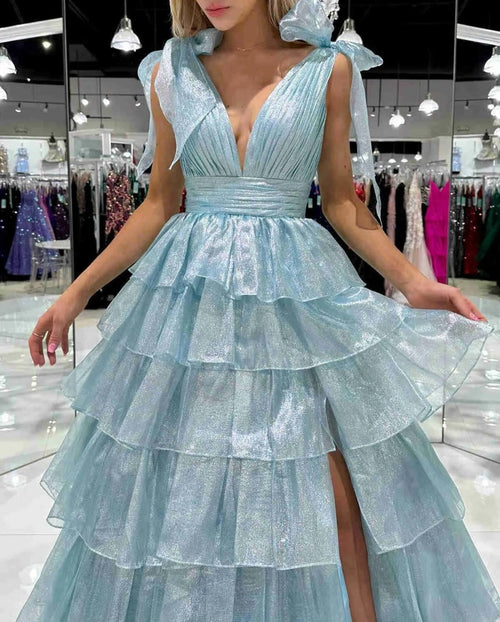 Tie Straps Plunging Neck Pastel Pink Tiered Long Prom Dress,DP1253
