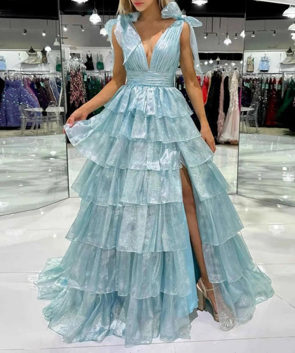 RGlitter Tie Straps Pink Plunging Neck Tiered Long Prom Dress main image 0