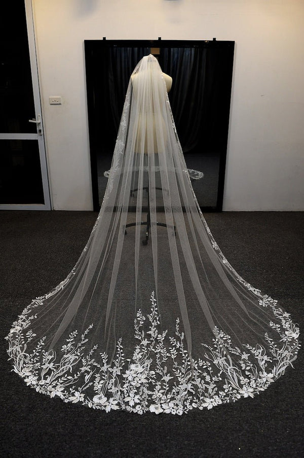 Vintage Flower Lace Veil Cathedral Tulle Bridal veil - KissProm