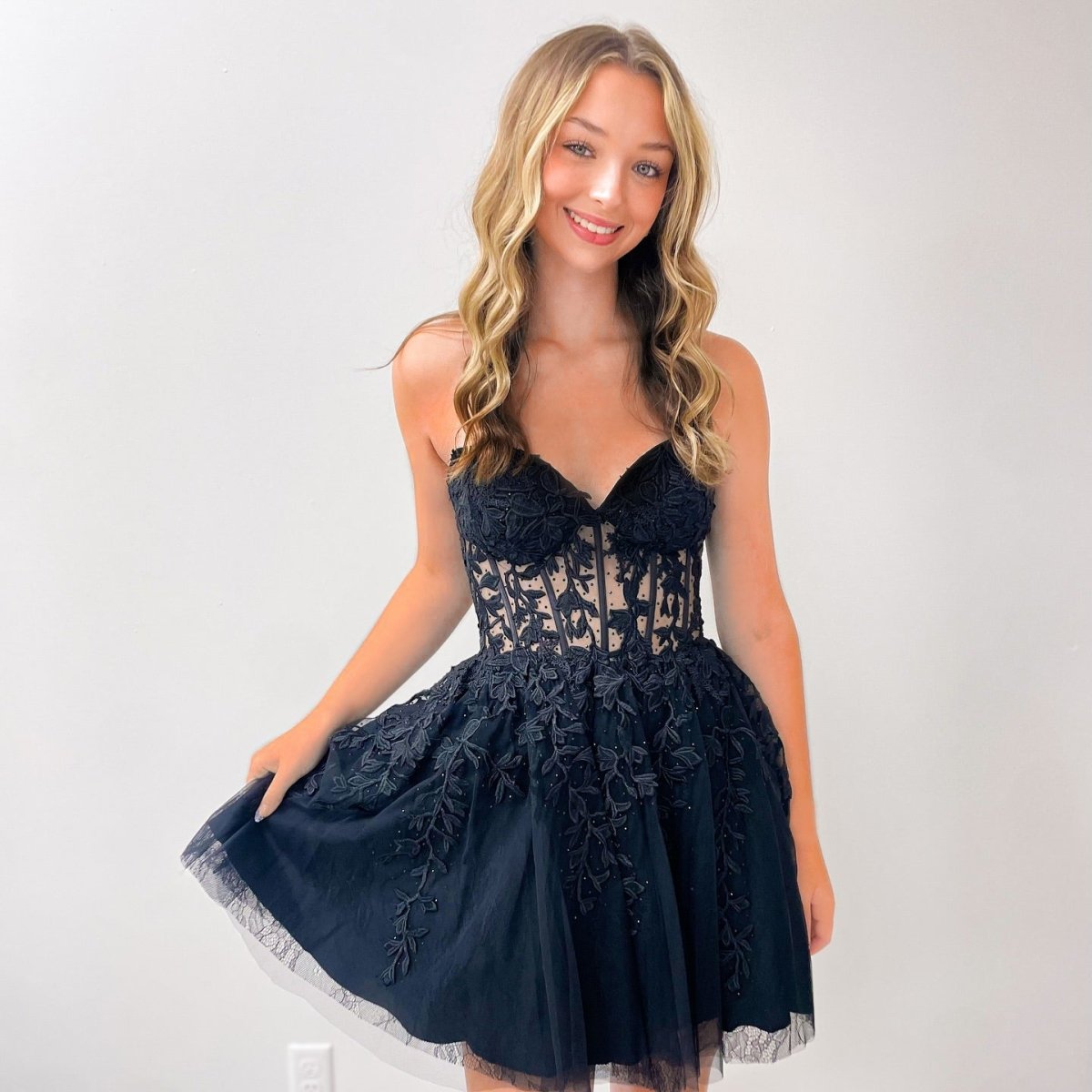 Yasmin Short A-Line Sweetheart Corset Homecoming Dress with Appliques Black / 10 Yasmin Short A-Line Sweetheart Corset Homecoming Dress with Appliques Black / 10