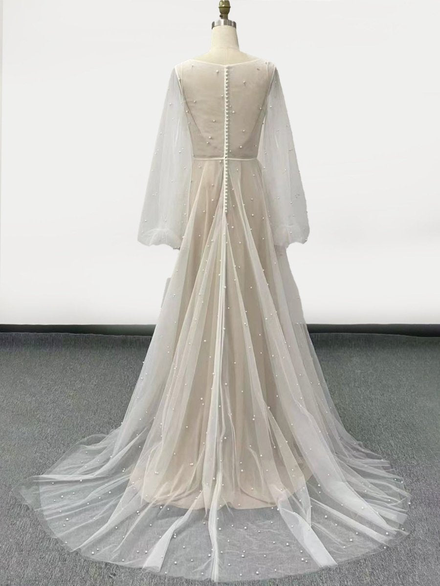 Franceska | Simple Modest A-Line Long Sleeve Tulle Elopement Illusion Wedding Dress with Pearl