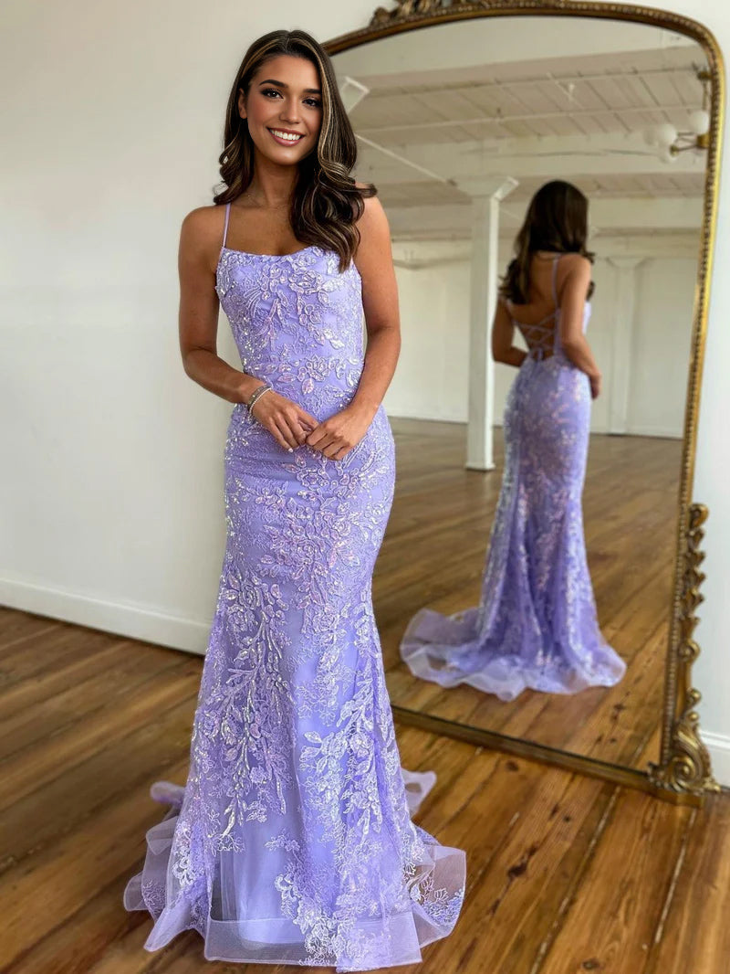 Sylvia Lilac Mermaid Scoop Lace Prom Dress with Lace-up Open back