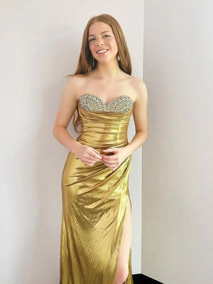 Silver Beaded Sweetheart Mermaid Long Formal Dress with Slit