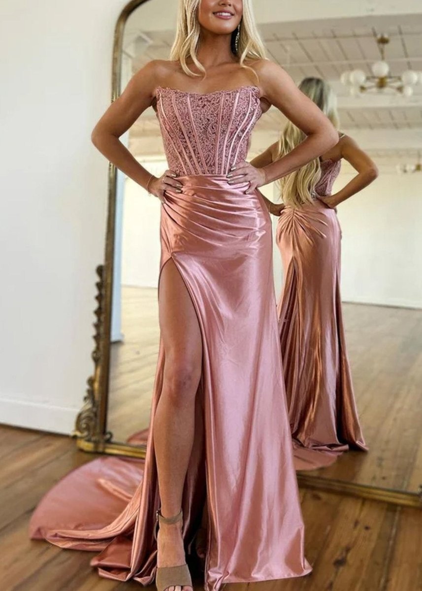 Arielle Red Sheath Strapless Corset Satin Prom Dress with Slit and Appliques Blush Pink / 6 Arielle Red Sheath Strapless Corset Satin Prom Dress with Slit and Appliques Blush Pink / 6