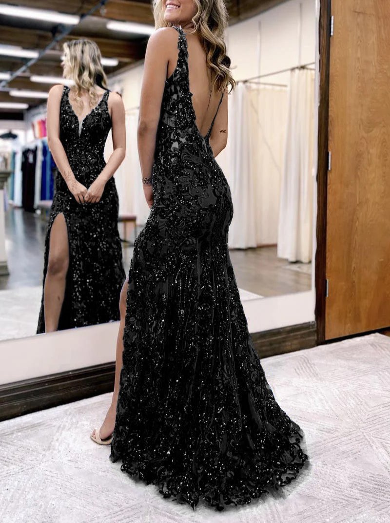 Mermaid V Neck Sequined Lace Prom Dress with Slit, Black / 4 Mermaid V Neck Sequined Lace Prom Dress with Slit, Black / 4