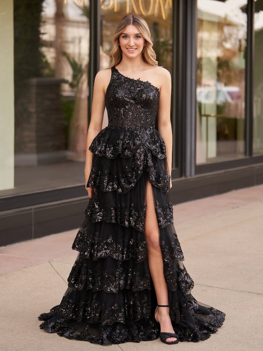 Livia |Sheath One Shoulder Tiered Lace Long Prom Dress
