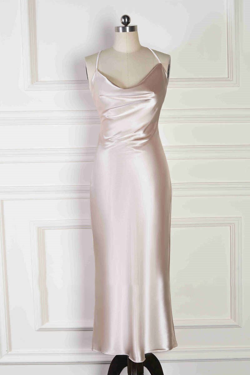 Spaghetti Straps Cowl Neck Tea - Length Champagne Sheath Bridesmaid Dress - KissProm