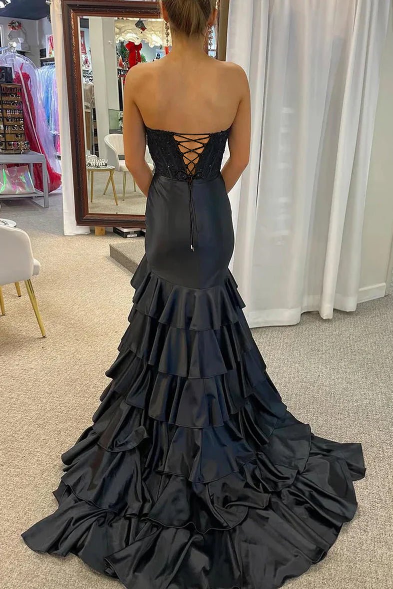 Yvonne | Charming Mermaid Strapless Black Satin Long Prom Dresses with Appliques -KissProm