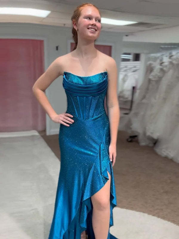 Miles | Mermaid Strapless Asymmetrical Beaded Long Prom Dress with Slit