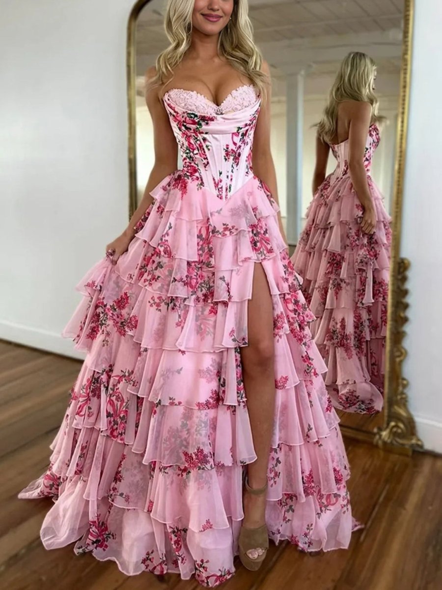 Haruko | A Line Floral Pink Tiered Chiffon Long Corset Prom Dress with Slit - KissProm