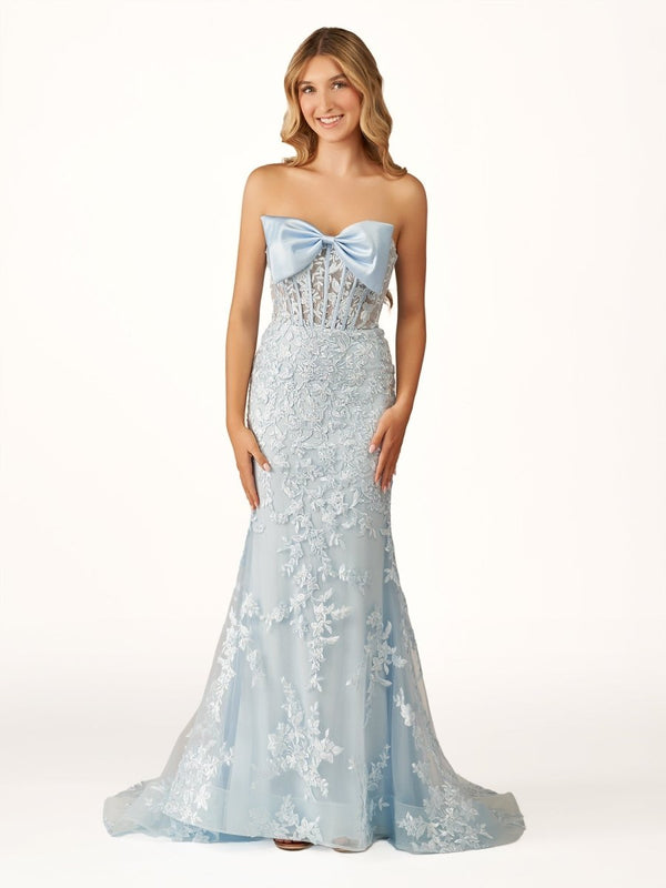 Arvin | Strapless Mermaid Lace Appliques Long Prom Dress with Bow