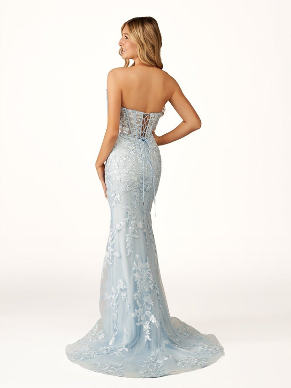 Arvin | Strapless Mermaid Lace Appliques Long Prom Dress with Bow