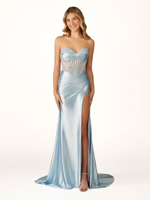 KissProm-Astraea Mermaid Strapless Blue Beaded Ruched Long Prom Dress with Slit