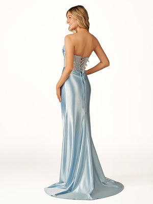Mermaid Sweetheart Blue Beaded Ruched Long Prom Dress with Slit – Prom Dresses by KissProm | Available at KissProm