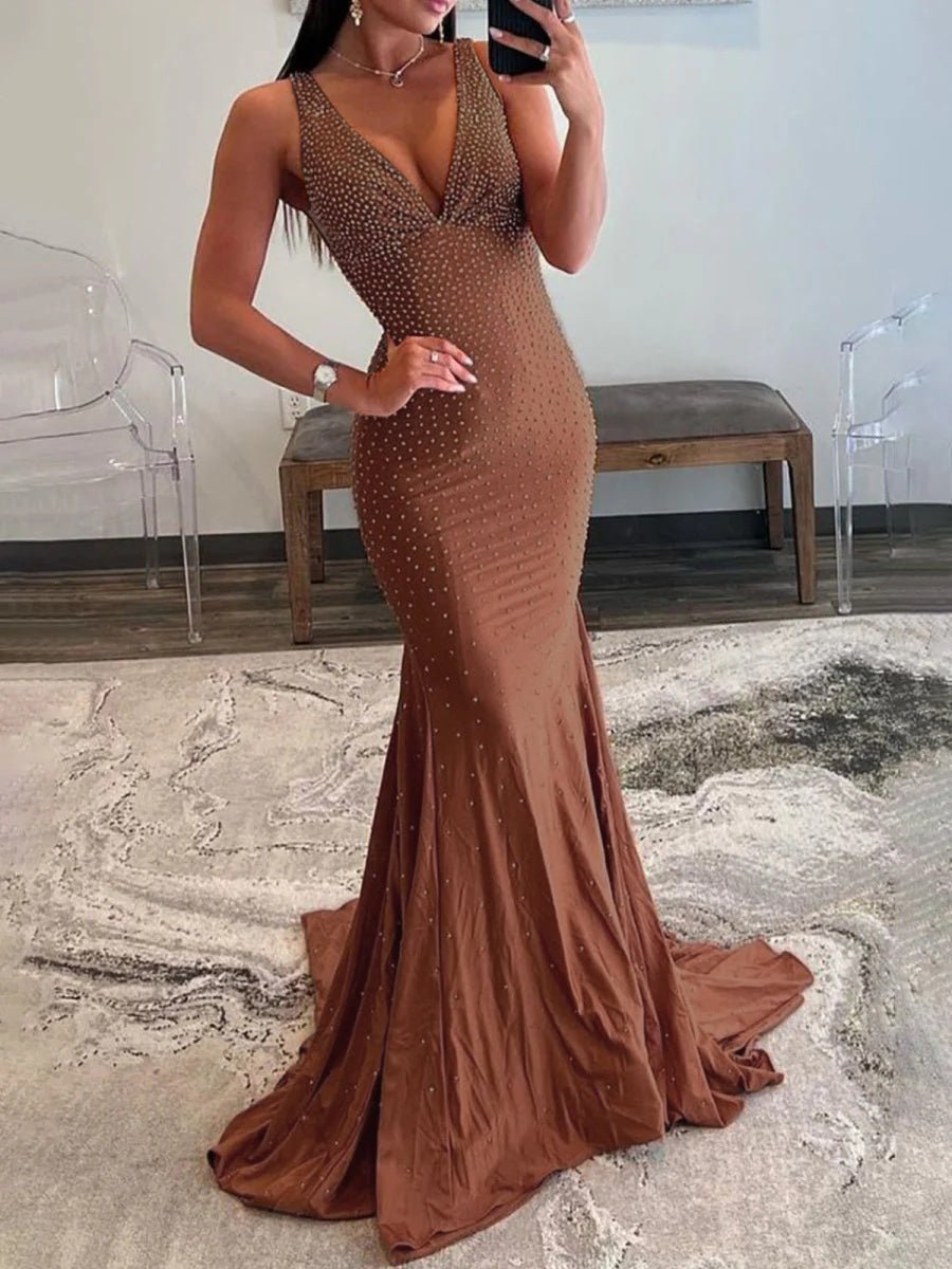 Molly | Mermaid Deep V-Neck Beaded Satin Long Prom Dress