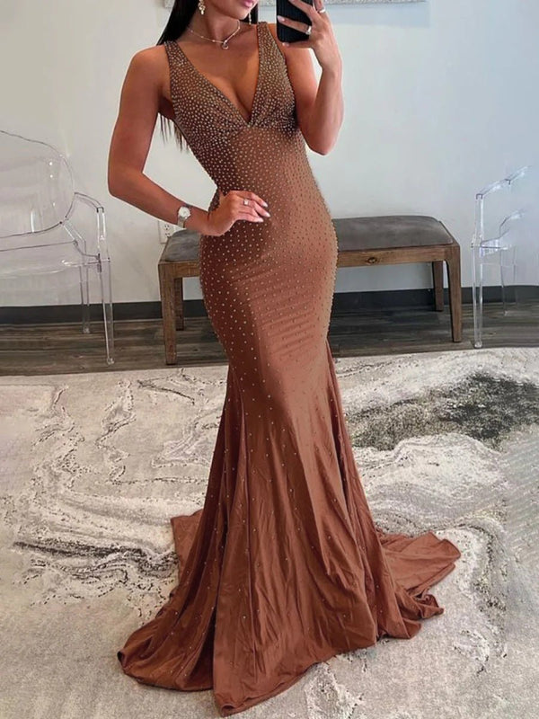 Molly Green Mermaid Deep V-Neck Beaded Satin Long Prom Dress Brown / 10 Molly Green Mermaid Deep V-Neck Beaded Satin Long Prom Dress Brown / 10