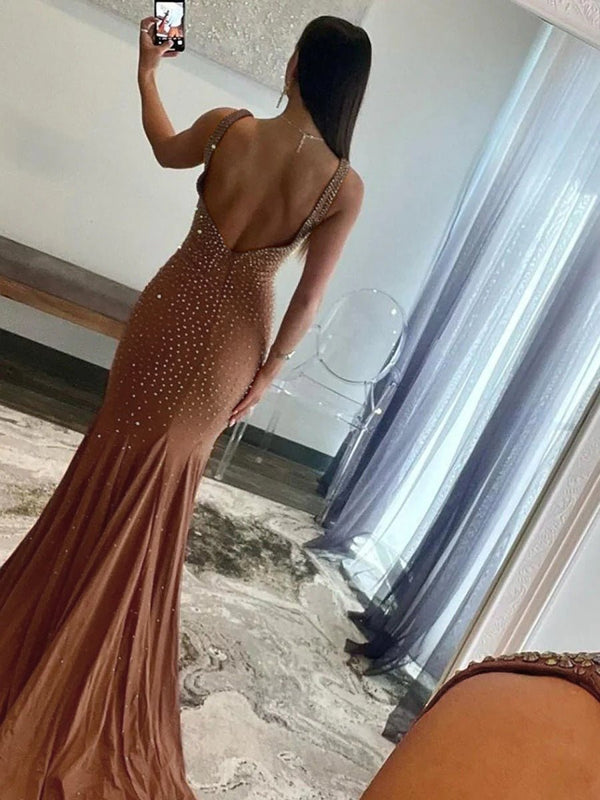 Molly Green Mermaid Deep V-Neck Beaded Satin Long Prom Dress Molly Green Mermaid Deep V-Neck Beaded Satin Long Prom Dress