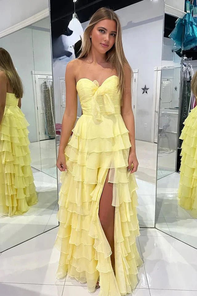 Cinizia | Chiffon Fuchsia Sweetheart Tiered Ruffles Prom Dress with Slit