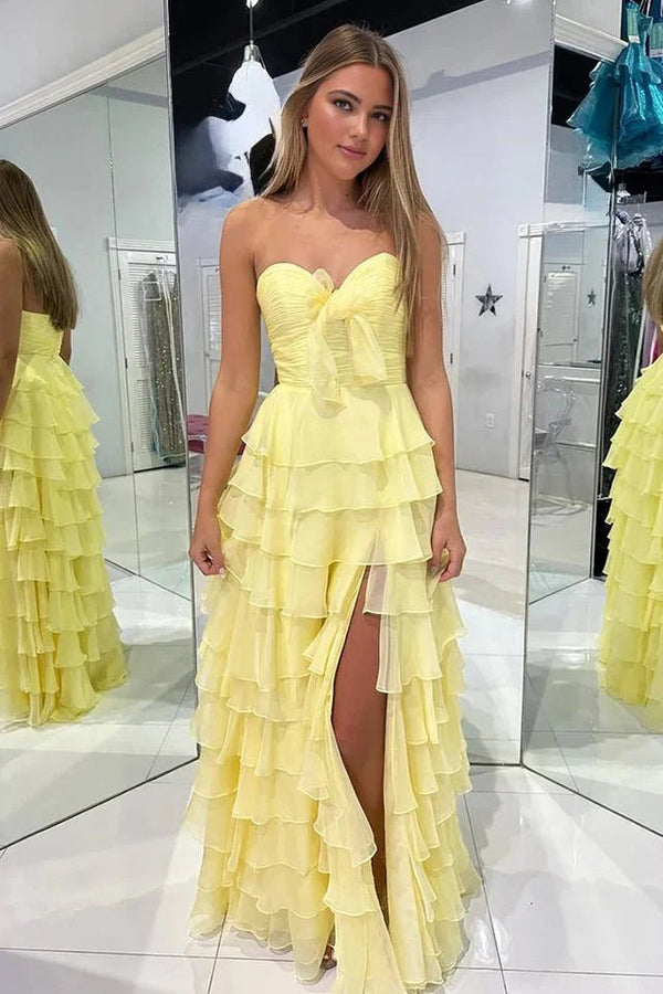 Cinizia | Chiffon Fuchsia Sweetheart Tiered Ruffles Prom Dress with Slit