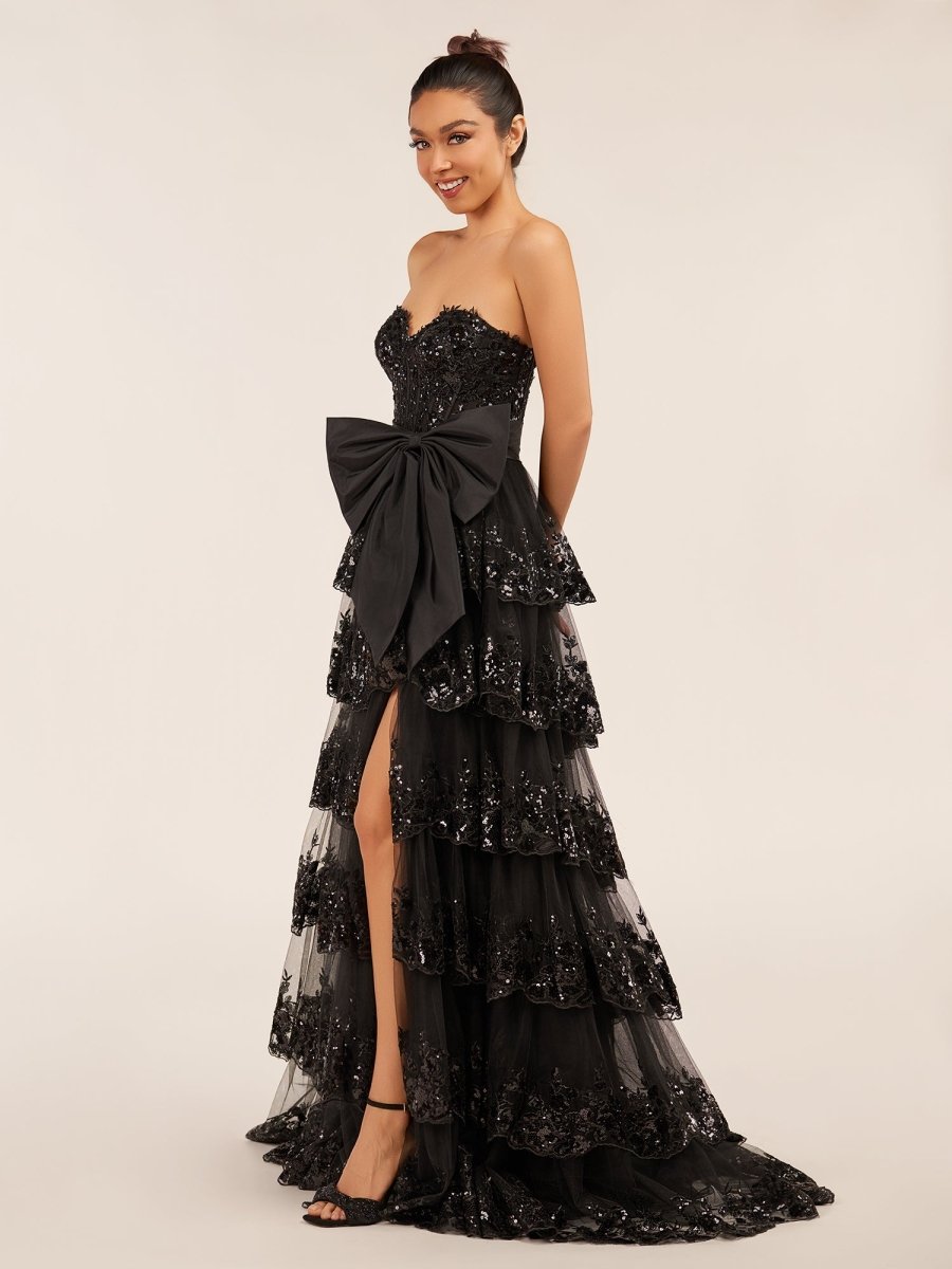 A-Line Sweetheart Sequin Ruffles Long Prom Dresses with Bow Blue / 6