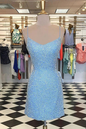 Bodycon Spaghetti Straps Pink Sequins Short Homecoming Dress with Criss Cross Back