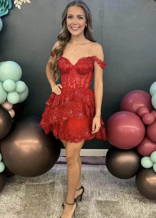 Everly | Red - A-Line Sweetheart Tiered Short Homecoming Dress